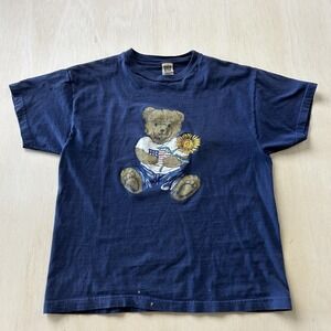 Vintage Northwest Blue Shirt Mens Large Blue Teddy Bear USA Flag Sunflower Tee